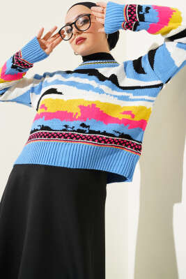 Karışık Desen Triko Kazak İndigo - Thumbnail