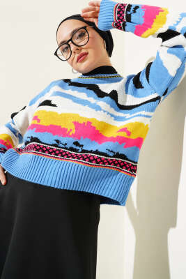 Karışık Desen Triko Kazak İndigo - Thumbnail