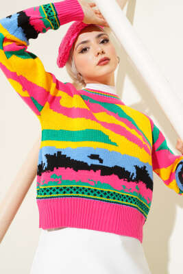 Karışık Desen Triko Kazak Fuşya - Thumbnail