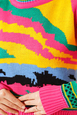 Karışık Desen Triko Kazak Fuşya - Thumbnail