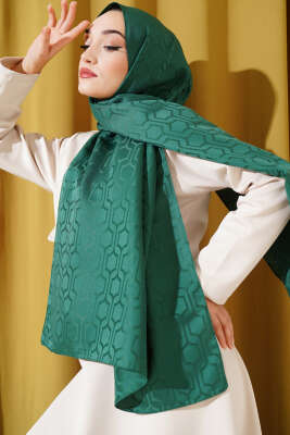 Geometrik Motifli Jakar Şal Yeşil - Thumbnail