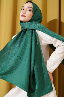 Geometrik Motifli Jakar Şal Yeşil - Thumbnail