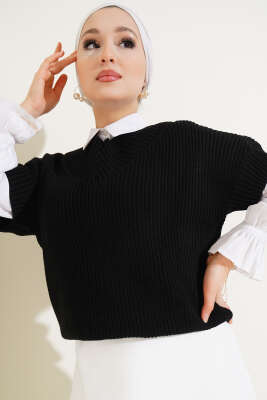 V Yaka Selanik Triko Süveter Siyah - Thumbnail