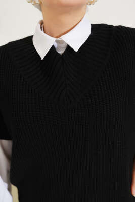 V Yaka Selanik Triko Süveter Siyah - Thumbnail