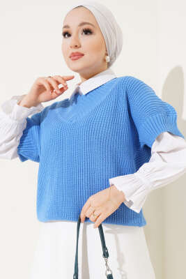 V Yaka Selanik Triko Süveter İndigo - Thumbnail