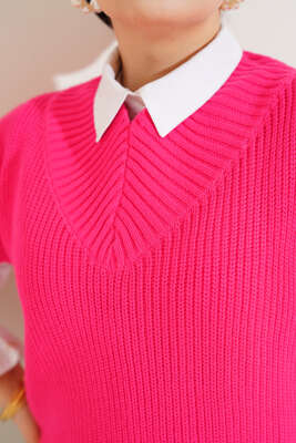 V Yaka Selanik Triko Süveter Fuşya - Thumbnail