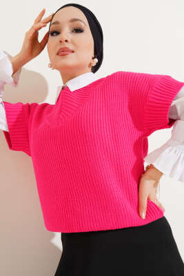 V Yaka Selanik Triko Süveter Fuşya - Thumbnail