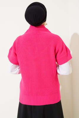 V Yaka Selanik Triko Süveter Fuşya - Thumbnail