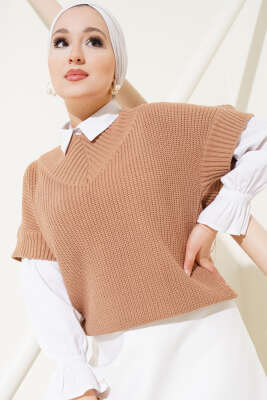 V Yaka Selanik Triko Süveter Büsküvi - Thumbnail