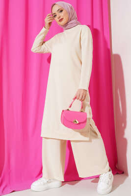 Pazarium - Armalı Bol Paça İkili Takım Bej