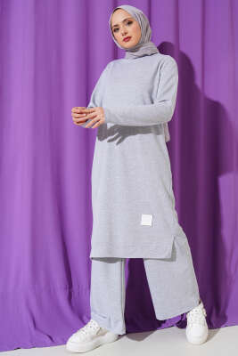 Pazarium - Armalı Bol Paça İkili Takım Melanj Gri