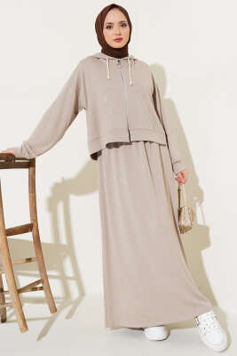 Loyşa Hırkalı Elbise İkili Takım Bej - Thumbnail