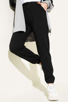 İnce Çizgili Bel İpli Jogger Pantolon Siyah - Thumbnail