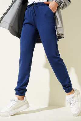 İnce Çizgili Bel İpli Jogger Pantolon Lacivert - Thumbnail