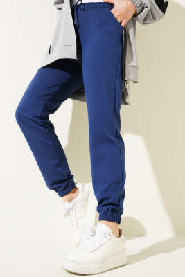 İnce Çizgili Bel İpli Jogger Pantolon Lacivert - Thumbnail