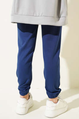 İnce Çizgili Bel İpli Jogger Pantolon Lacivert - Thumbnail