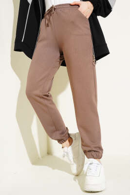 İnce Çizgili Bel İpli Jogger Pantolon Kahve - Thumbnail