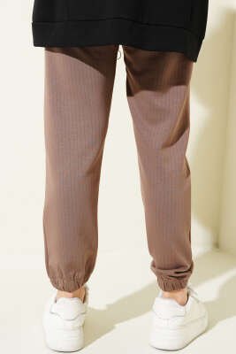 İnce Çizgili Bel İpli Jogger Pantolon Kahve - Thumbnail