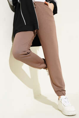 İnce Çizgili Bel İpli Jogger Pantolon Kahve - Thumbnail