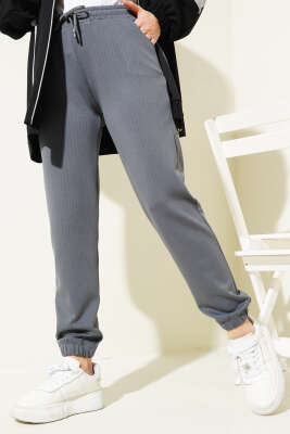 İnce Çizgili Bel İpli Jogger Pantolon Füme - Thumbnail