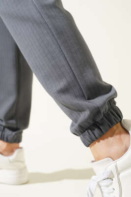 İnce Çizgili Bel İpli Jogger Pantolon Füme - Thumbnail