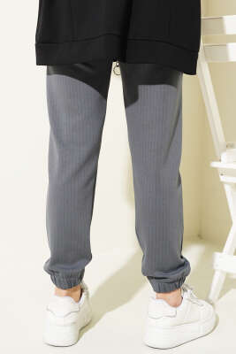 İnce Çizgili Bel İpli Jogger Pantolon Füme - Thumbnail