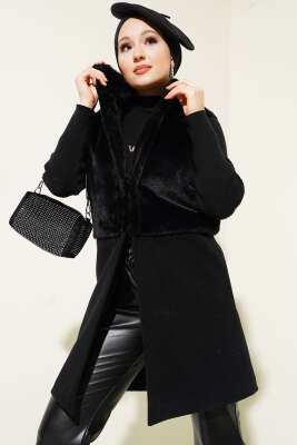 Garnili Peluş Kaşe Yelek Siyah - Thumbnail