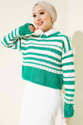 Çizgili Delikli Triko Kazak Zümrüt - Thumbnail