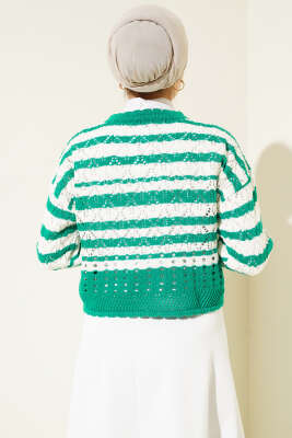 Çizgili Delikli Triko Kazak Zümrüt - Thumbnail