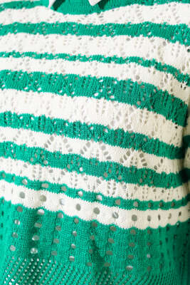 Çizgili Delikli Triko Kazak Zümrüt - Thumbnail
