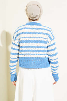 Çizgili Delikli Triko Kazak İndigo - Thumbnail