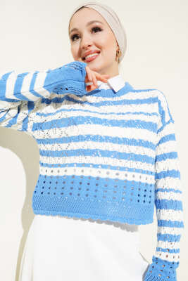 Çizgili Delikli Triko Kazak İndigo - Thumbnail