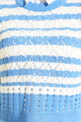 Çizgili Delikli Triko Kazak İndigo - Thumbnail