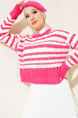 Çizgili Delikli Triko Kazak Fuşya - Thumbnail