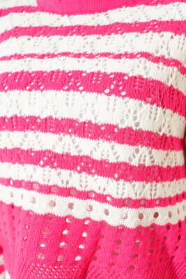 Çizgili Delikli Triko Kazak Fuşya - Thumbnail