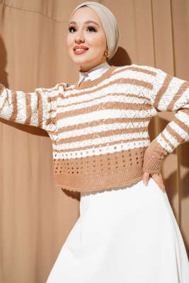 Çizgili Delikli Triko Kazak Büsküvi - Thumbnail