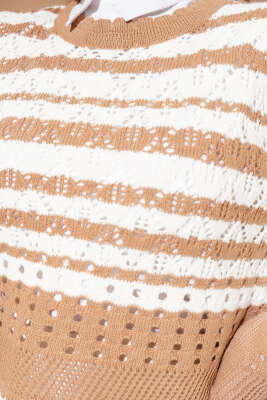 Çizgili Delikli Triko Kazak Büsküvi - Thumbnail