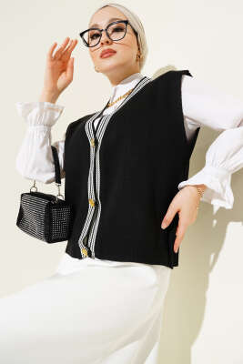 Önü Düğmeli Triko Yelek Siyah - Thumbnail