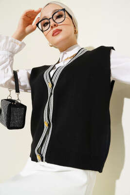 Önü Düğmeli Triko Yelek Siyah - Thumbnail