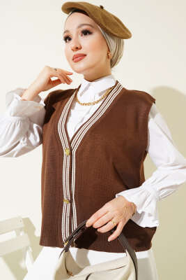 Önü Düğmeli Triko Yelek Kahve - Thumbnail