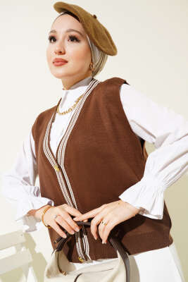 Önü Düğmeli Triko Yelek Kahve - Thumbnail