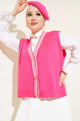 Önü Düğmeli Triko Yelek Fuşya - Thumbnail