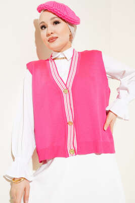 Önü Düğmeli Triko Yelek Fuşya - Thumbnail
