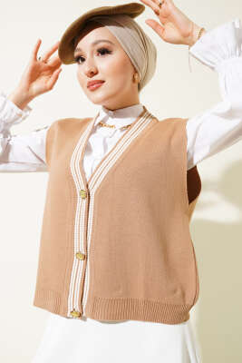 Önü Düğmeli Triko Yelek Büsküvi - Thumbnail