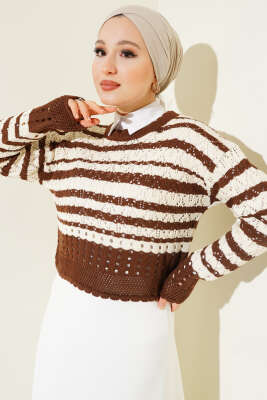 Çizgili Delikli Triko Kazak Kahve - Thumbnail