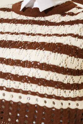 Çizgili Delikli Triko Kazak Kahve - Thumbnail