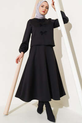 Önü Fiyonklu Etekli Scuba İkili Takım Siyah - Thumbnail