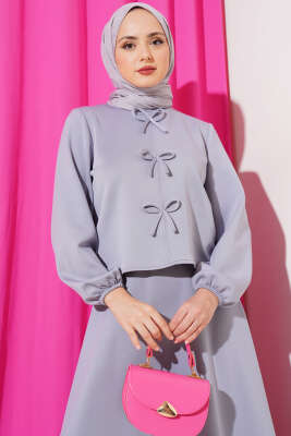 Önü Fiyonklu Etekli Scuba İkili Takım Gri - Thumbnail