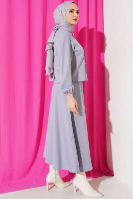 Önü Fiyonklu Etekli Scuba İkili Takım Gri - Thumbnail