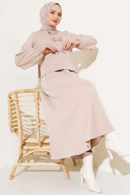 Önü Fiyonklu Etekli Scuba İkili Takım Bej - Thumbnail